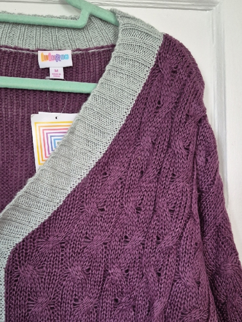 NWT Women's Mauve Purple V-Neck Cardigan Sweater with Light Gray Trim MED - Picture 8 of 12